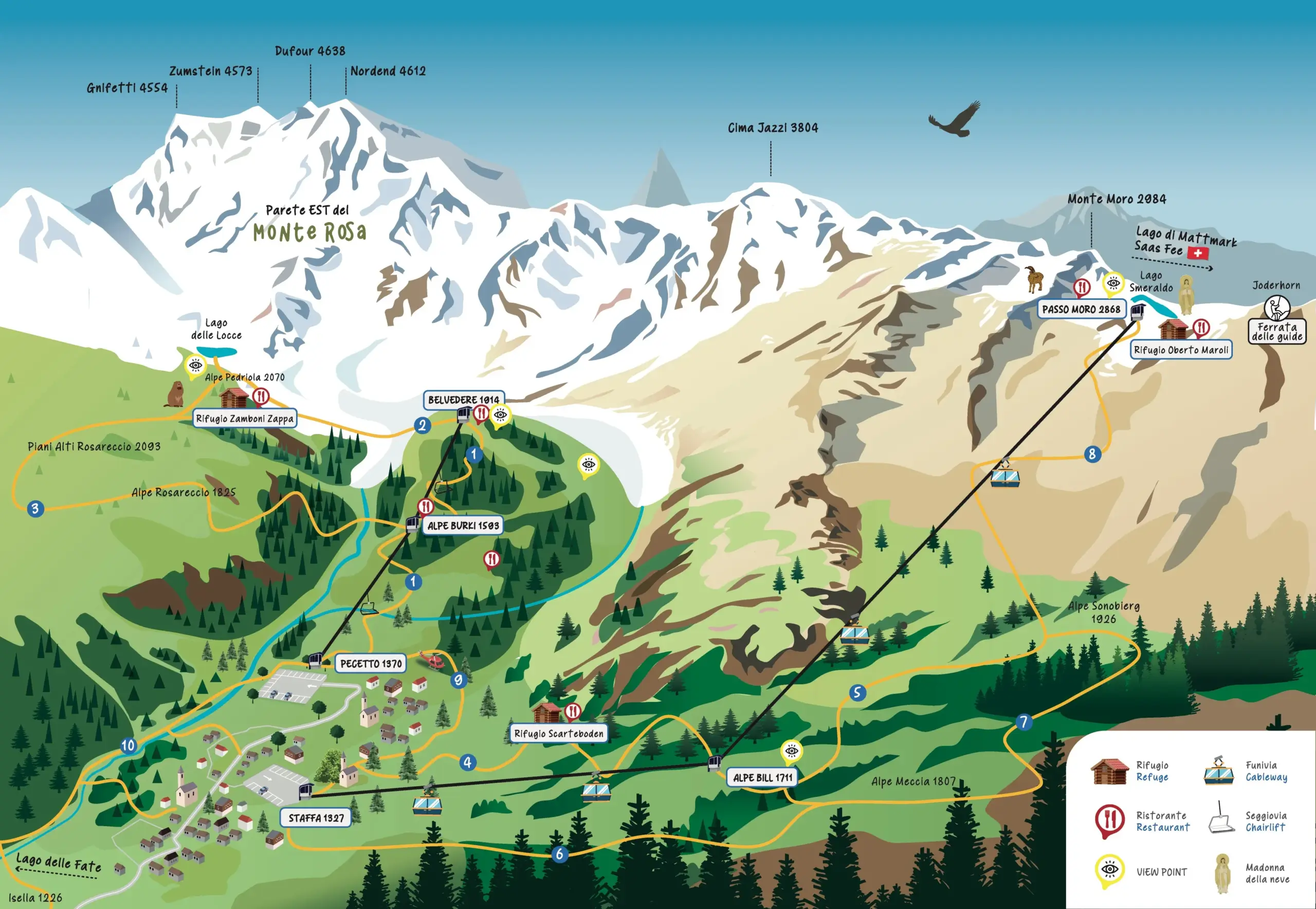 Map of Macugnaga ski lifts: Belvedere chairlifts and Monte Moro cableways