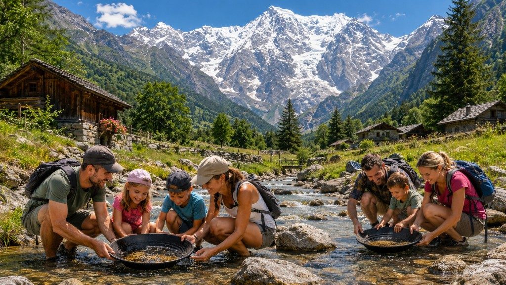 Famiglie che cercano oro al torrente con Monte Rosa